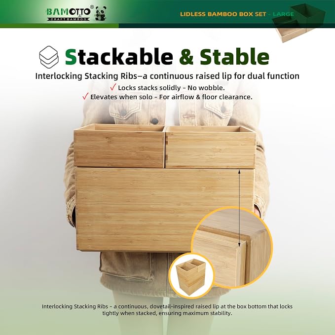 BAMOTTO CRAFTBAMBOO 3-Piece Bamboo Storage Box Set Stackable Organizer | Large 14.6"x10.2"x7.1" + 2x Small 10.2"x7.3"x3" | Open-Top | Deep-Drawer Bin for Kitchen Cutlery Utensils Knives - Image 3