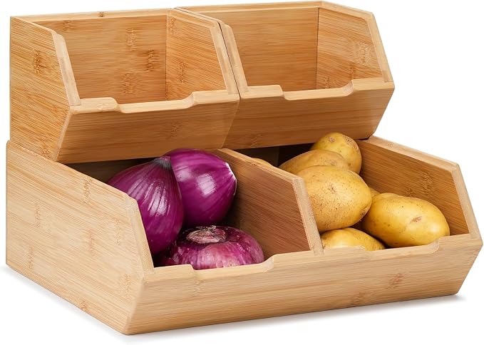 3 Pack Stackable Bamboo Pantry Storage Bins,Potato Onion Storage Bins | Pantry Organizers and Storage ﻿,Fruit Vegetable Basket, ,Large Capacity, Multiuse by ECO-CHICBambooFurniture