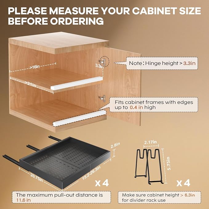 Seinloes 4 Pack Pull out Cabinet Organizer 21" Deep With Raising Pad for Framed Cabinets,Expandable (15.2"-26.3"W) Slide out Drawers for Kitchen Cabinets with 4pcs Divider Racks,Roll out Shelves,Black - Image 3