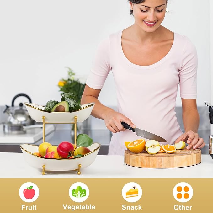2 Tier Ceramic Fruit Bowl, Fruit Basket for Kitchen Counter, Tiered Fruit Rack for Countertop, Modern Multi Large Capacity Serving Holder for Party Dessert, Vegetable, Snack(Gold&White) - Image 7