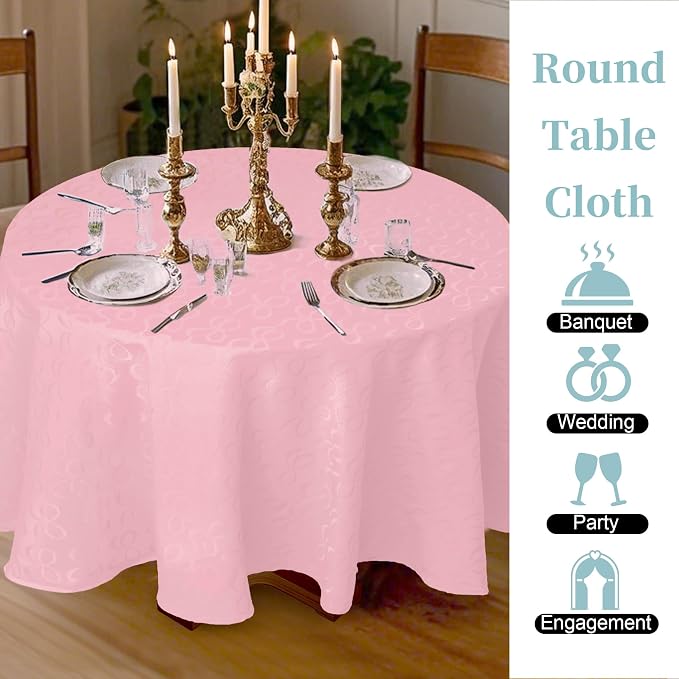 Pink Round Tablecloth, 1PC Circle Table Cover 70" (Seat 4-6) - Cotton Polyester, Wrinkle/Fade Resistant, Washable & Reusable - Luxury Jacquard Table Cloth for Valentine's Day & Wedding, Bows Design - Image 4