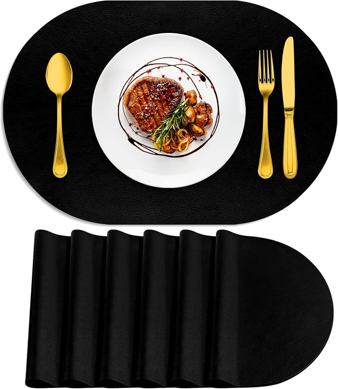 ADRIMER Placemats, Heat Resistant Oval Placemats Set of 6 Washable 12 x 17 Inch, Waterproof Table Mats, Wipeable Pu Place Mats for Kitchen, Dining Room, Black by Adrimersdreamistobeanindispensablecompanioninyourlife