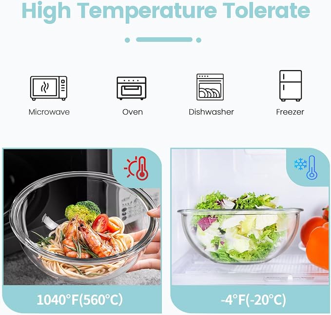 Luvan Borosilicate Clear Glass Mixing Bowls with Lids Set of 4 (0.53qt, 1.1qt, 2.1qt, 3.7qt), Space Saving Nesting Bowls Large Kitchen Salad Bowls for Meal Preping,Baking,Mixing,Dishwasher Safe - Image 4