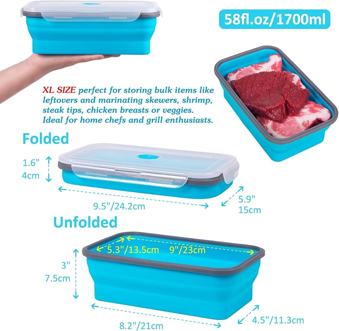 Extra Large Collapsible Food Storage Containers with Lid & Air Vent, 58 oz, 4 Pack, XL Collapsible Marinade Container with Lid Foldable Silicone Containers, Microwave Freezer Dishwasher Safe, Blue - Image 6