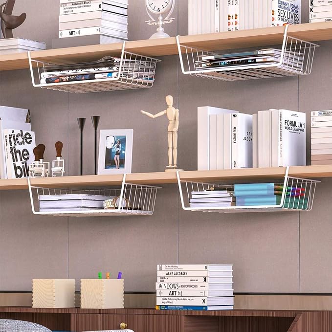 Modern Home Under Shelf Wire Storage Baskets – Hanging Organizer Rack for Cabinet, Pantry, or Closet – White Metal Basket for Kitchen, Towels, or Office – No Tools Required (Set of 4 15") - Image 4