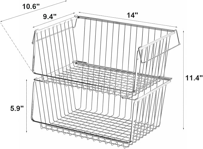 Wire Storage Baskets Stackable Large Metal Storage Organization, Pantry Storage Organizing Household Wire Baskets with Handles for Kitchen, Pantry, Bathroom, Cabinets, Bedrooms, Set of 2 - Image 3