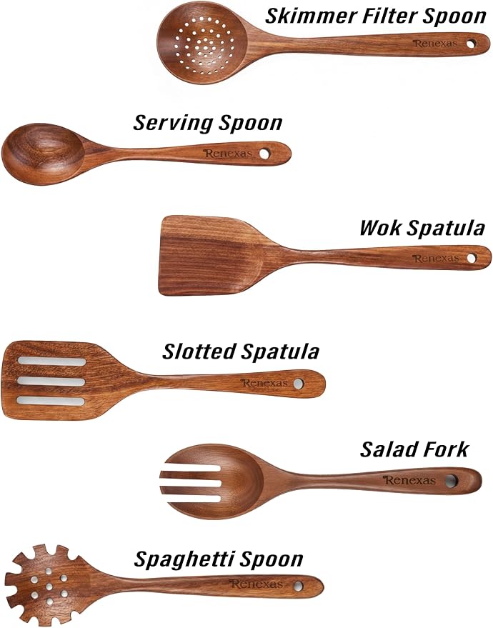 Kitchen Utensils Set, 6 Piece Teak Wooden Utensil Set for Cooking, Premium Teak Cooking Utensils, Non Toxic Wooden Spoons & Spatulas, Heat Resistant Kitchen Tools for Nonstick Cookware - Image 3