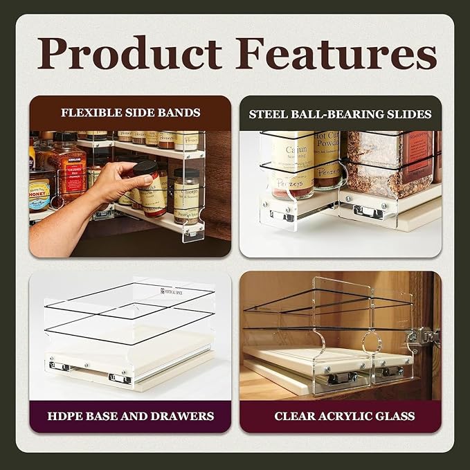 Narrow Spice Rack -Sliding Spice Jars Organizer - Pantry Organizers & Storage - Slide Out Drawers for Kitchen Cabinets -Seasoning Caddy (2.3" W x .9.25" H x 10.6"D, Partially Assembled) - Image 4