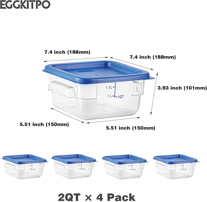 4 Pcs 2 QT Square Food Storage Containers with Blue Lids Home Kitchen Container Set with Handle, Clear Scarle for Grain Bean Stackable Dishwasher Freezer Safe BPA-Free Polycarbonate - Image 4