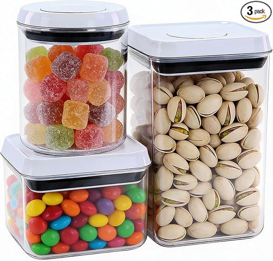 Pop Push Button Airtight Food Storage Containers with Lids | 3 Sizes: 0.65/0.7/1.8Qt for Cereal Flour Sugar Snacks Pet Food, BPA-Free Space-Saving Pantry Kitchen Canisters by MiraFureBrand