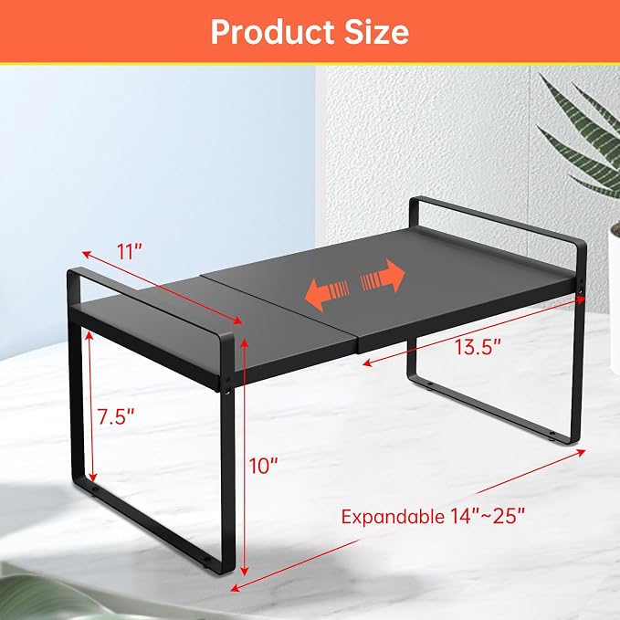 (2-Pack) 11" Cabinet Shelf Organizer Set, 14"~25" Expandable Shelves for Kitchen Cabinets & Cupboards, Perfect for Dishes, or Small Appliance Storage - Image 3