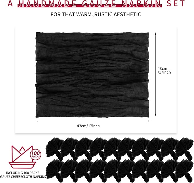 100 Pieces Cloth Napkins Black Dinner Cheesecloth Napkins for Wedding,Wrinkled Cloth Napkins Bulk for Home Party Rustic Table Decoration, 17 x 17 Inch - Image 2