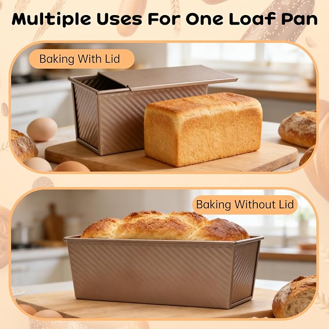 2 Pcs Pullman Loaf Pan with Lid, 2.2LB & 1LB Non-Stick Bread Pan, Carbon Steel Loaf Pans with Silicone Spatula & Oil Brush, Baking Pans Set for Homemade Bread, Square Toast Mold for Sourdough Bakeware - Image 5