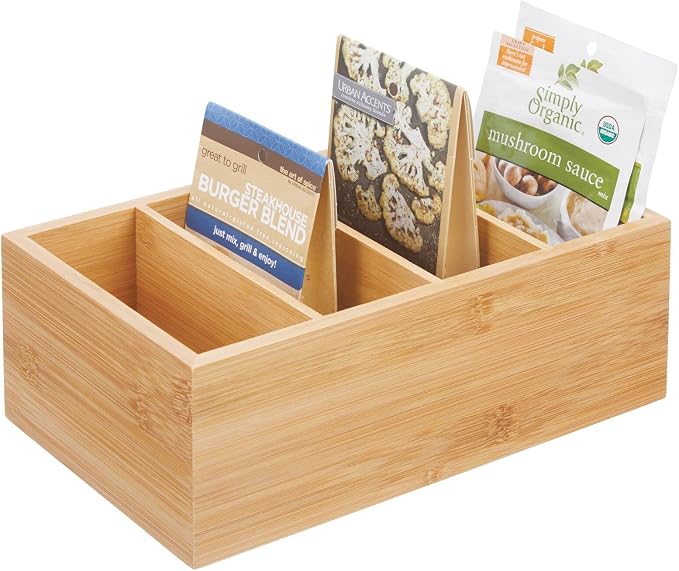mDesign Bamboo Wood Compact Food Storage Organizer Bin Box - 4 Divided Sections - Holder for Seasoning Packets, Pouches, Soups, Spices, Snacks - Natural by mDesign
