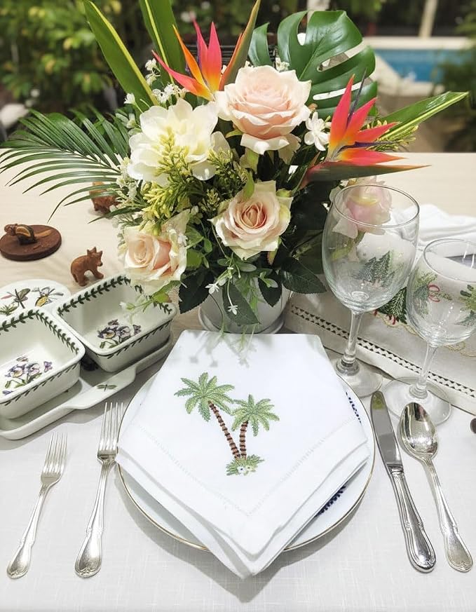 Embroidered Cloth Napkin Palm Tree Cotton Napkins Set of 6, 20 x 20 Hemstitch Table Napkins, Machine Washable, for Daily & Holiday Dining, Great Gift Ideas - Image 4