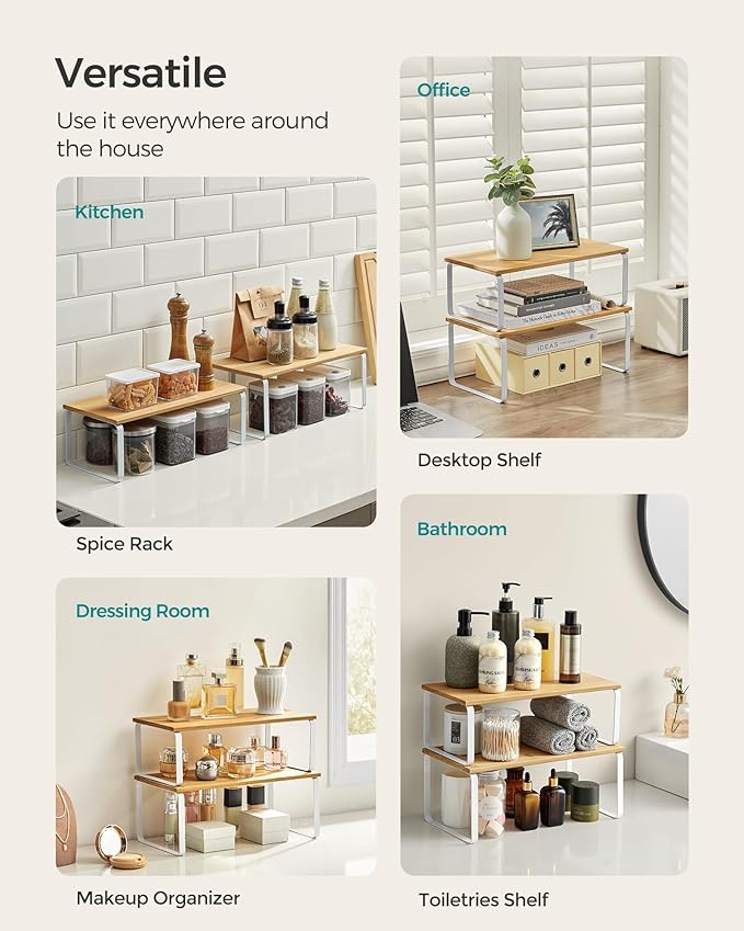 SONGMICS Cabinet Organizer Shelf, Set of 4 Kitchen Counter Shelves, Kitchen Storage, Spice Rack, Stackable, Expandable, Metal and Engineered Wood, Cloud White and Natural Beige UKCS210W01 - Image 4