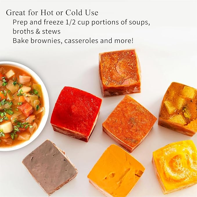 1/2 Cup Silicone Freezer Tray With Lid,Silicone Freezer Molds 3-Pack For meal prep & freezing of various sauces and other dishes, makes 18 perfect 1/2 cup portions cubes (Multicolor 3 Pack) - Image 2