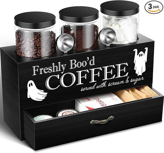 3 Pcs Halloween Coffee Bar Containers Set Include Coffee Sugar Container with Lid and Spoon and Double Layer Storage Box with Drawer for Bar Kitchen Countertop(Black) by Skybooly
