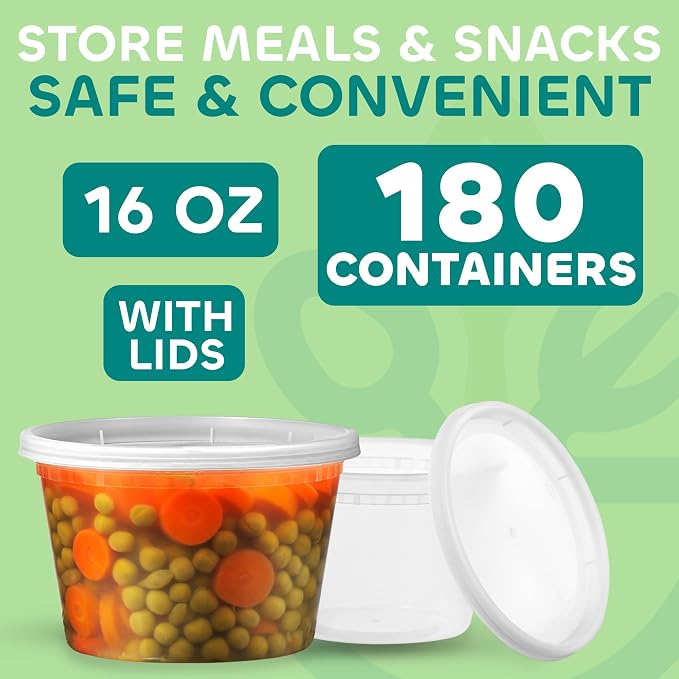 16 oz Deli Containers with Lids – 180 Sets (180 Containers + 180 Lids) – Leakproof, Stackable, Microwave & Freezer Safe – Bulk Food Storage for Restaurant, Deli, Catering, Soup & Meal Prep - Image 2
