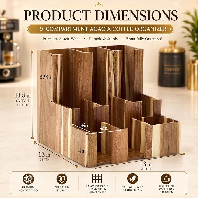 CroBlissful Acacia Vertical Coffee Cup and Lid Dispenser, Coffee Condiment Organizer, 9 Compartment for Disposable Paper & Plastic Cup, for Cabinet Station Home Countertop Bar 13''L x 13''W x 12''H - Image 2