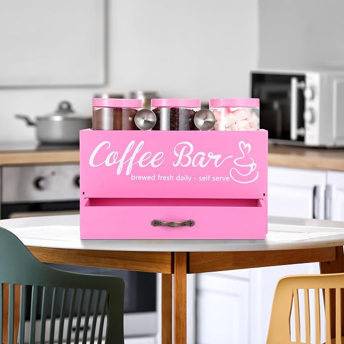 3 Pcs Coffee Bar Containers Set Include Coffee Sugar Container with Lid and Spoon and Double Layer Storage Box with Drawer for Bar Kitchen Countertop(Pink) - Image 4