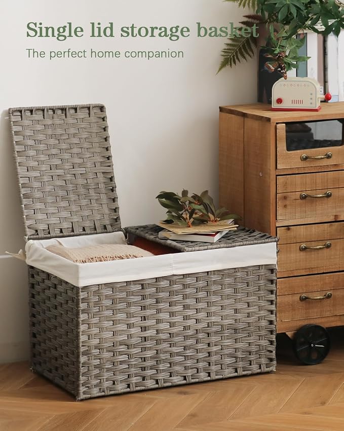 SETVSON Storage Basket with Lid PE Rattan 27.8 Gal Wicker Chest, Gray | 105L Woven Wicker Baskets with 2 Separate Lids, 2 Removable, washable linings, Sturdy Iron Frame, 25.2 x 15.4 x 16.1 Inches - Image 2