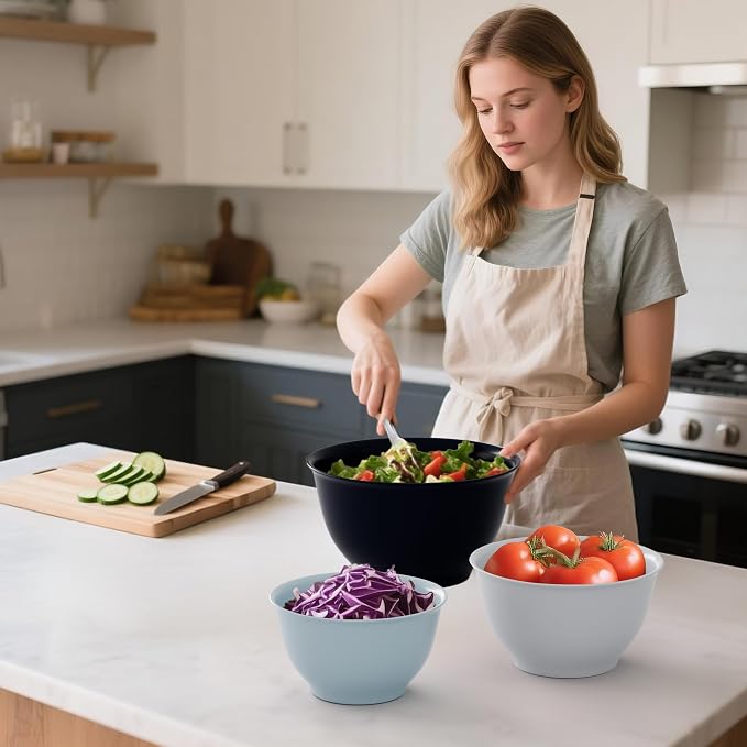 TP Melamine Mixing Bowl Set with Lids, Salad Bowl Set of 3, Blue&White | Nesting Design,Break-resistant,Pasta & Salad Prep, Baking Prep, Space-saving Storage, Freezer Safe, Dishwasher Safe - Image 5