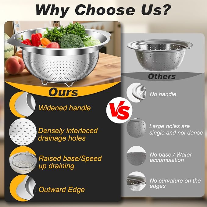 Colander, Stainless Steel Colander for Kitchen, 3Pcs Kitchen Gadget Food Strainer Basket with Handle, Kitchen Strainer Colanders Bowl for Pasta Noodles Spaghetti Vegetables Fruit (2QT, 3QT, 5QT) - Image 2
