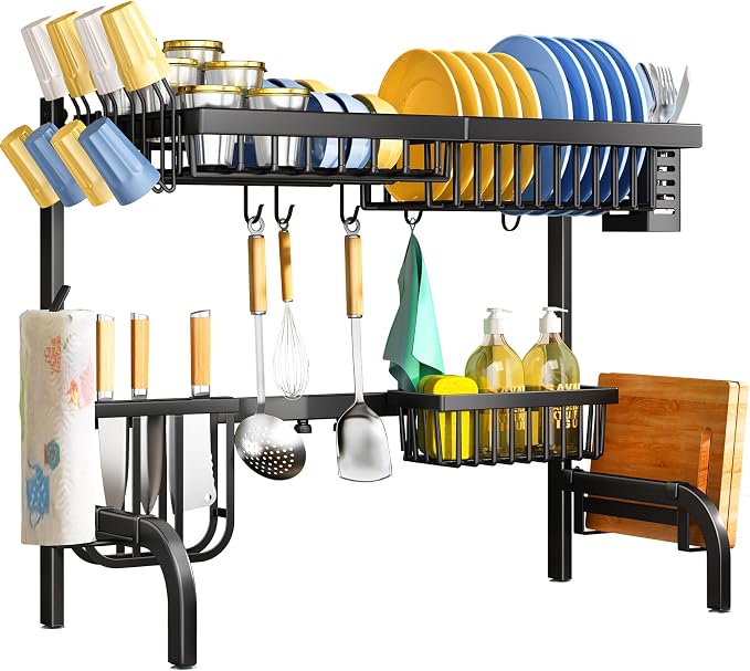 Over The Sink Dish Drying Rack, Adjustable 25.5-33.5 in, 2-Tier, Black | All-in-One Large Capacity, Snap-On Design for Flexible Use, Strong Metal Frame, Non-Slip Feet, Fits Sinks Up to 33" W - Image 7
