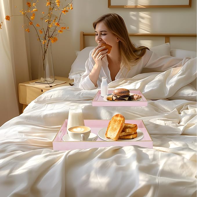 Pink Serving Tray with Handles, Plastic Decorative Tray Set of 2 | Pink Decorative Tray for Coffee Table, Modern Ottoman Tray, Rectangle Melamine Tray for Living Room, 15.8"L x 10.2"W x 1.4"H - Image 6
