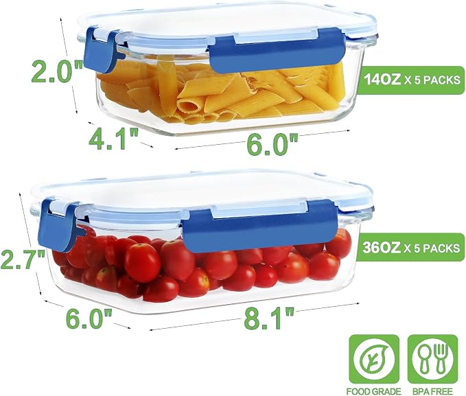 HOMBERKING 10-Pack Glass Meal Prep Containers, 36 oz/14 oz, Locking Lid Set | Borosilicate Glass Food Storage Containers Set, Airtight Lunch Bento Boxes, BPA-Free, Dishwasher Freezer, Oven Safe-Deep Blue - Image 2