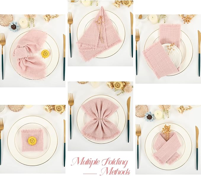 36 Pack Pink Cloth Napkins, 16 x 16 Inch Cotton with Fringe Settings | Handmade washable reusable cotton dinner napkins in bulk for weddings, parties, rustic boho table settings - Image 3