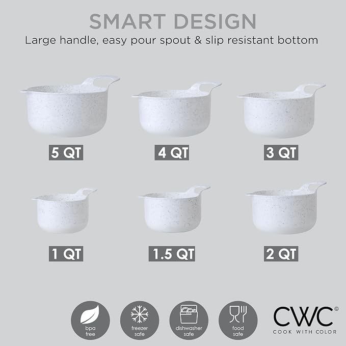COOK WITH COLOR Nesting Plastic Mixing Bowl Set with Pour Spouts and Handles, Speckled White, 6 Piece Non-Slip - Image 4