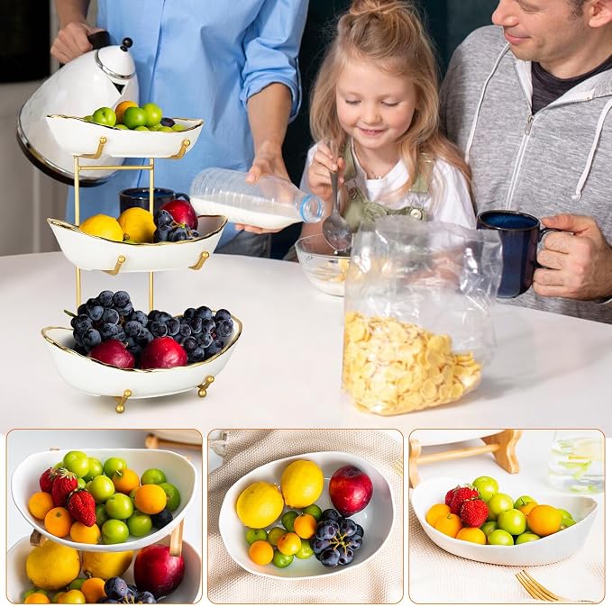3 Tier Fruit Basket Ceramic Fruit Bowl Vegetable Storage with Metal Rack Porcelain Fruit Stand Storage Holder for Kitchen Counter Large Capacity Fruit Holder for Bread, Snack | Ceramic Bowls, Metal Rack, Large Capacity, Perfect For Fruit, Vegetables, B... - Image 6