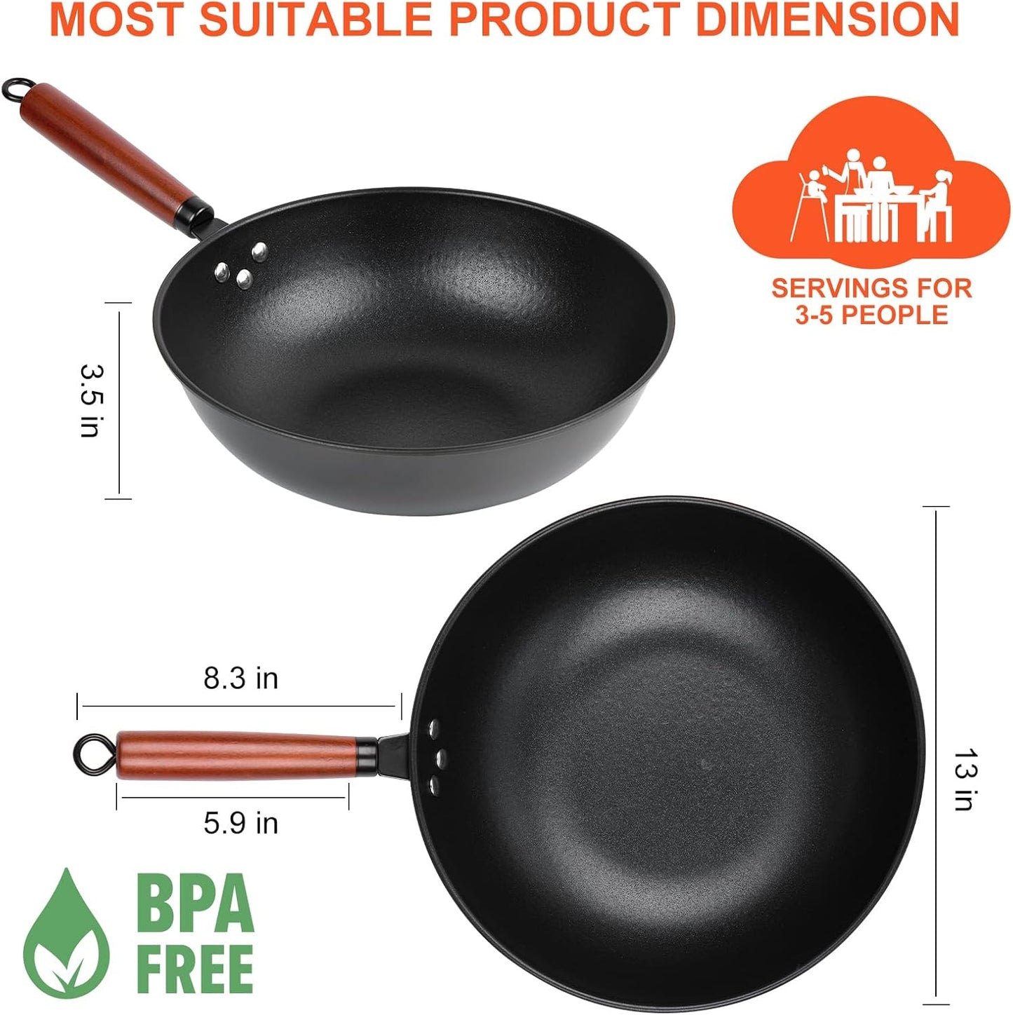 13" Nonstick Wok - Wok Pan with Glass Cover, Carbon Steel Woks & Stir-Fry Pans: Flat Bottom Chinese woks for Electric, Induction, Gas, All Stoves