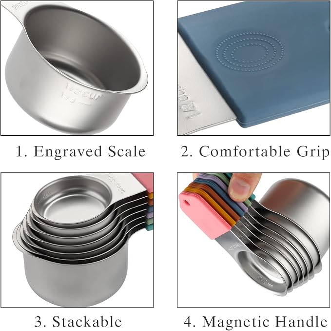 Magnetic Measuring Cups and Spoons Set Stainless Steel Measuring Cup&Spoon | 7 Heavy Duty Measuring Cup 8 Double Sided Magneti Measuring Spoons with 1 Leveler for Dry and Liquid Ingredients (Color) - Image 3