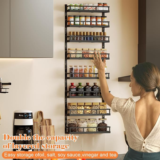 X-cosrack 8-Tier Adjustable Spice Rack – Wall-Mounted Space-Saving Organizer with Mixed Baskets, Large-Capacity Seasoning Holder for Kitchen & Pantry (Black) - Image 3