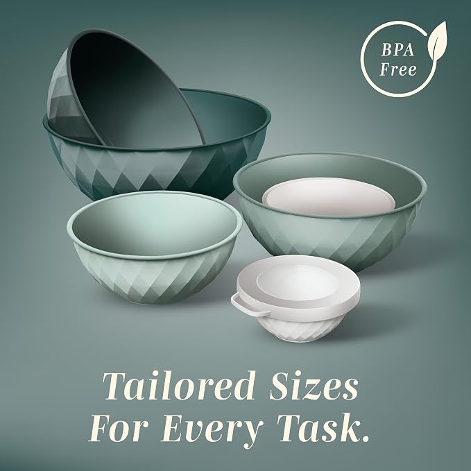 COOK WITH COLOR Mixing Bowls with Lids - 12 Piece Plastic Nesting Bowls Set includes 6 Prep Bowls and 6 Lids, Microwave Safe Mixing Bowl Set, Green Diamond - Image 5