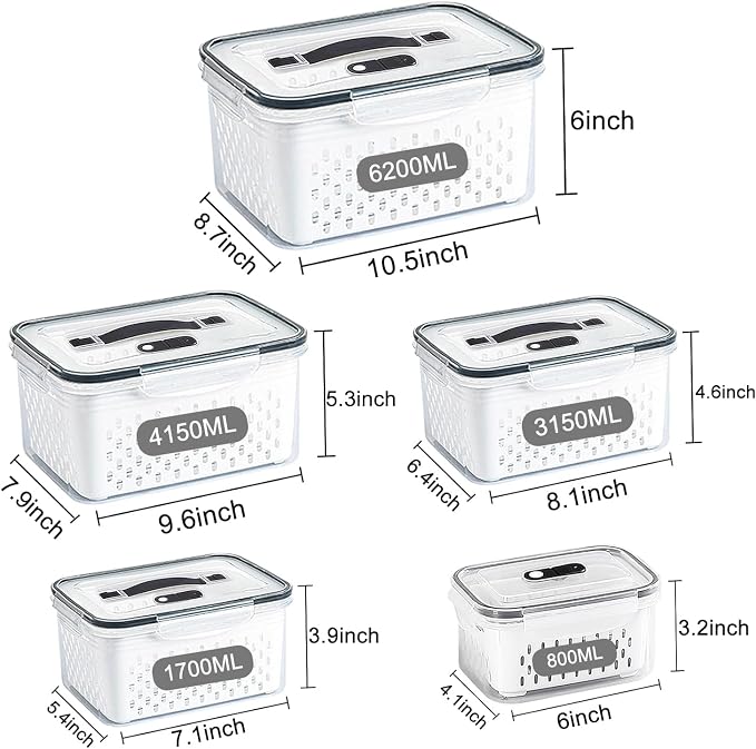 5 Pack Large Fruit Storage Containers for Fridge with vent holes and handle，Airtight Food Storage Containers Keep Fruits, Vegetables, Berry, Meat Fresh longer,BPA-free Fridge Storage Container - Image 5