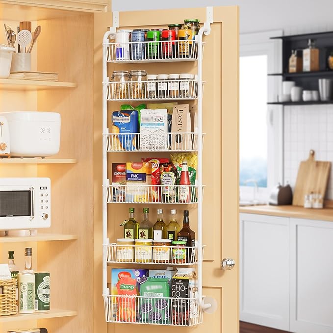 Delamu Large Over the Door Pantry Organizer, 6-Tier Metal Pantry Door Organization and Storage for Easy Install, Hanging Spice Rack Seasoning Shelves for Cabinet & Kitchen, D6.7xW17.5xH53.7 in, White by DELAMU