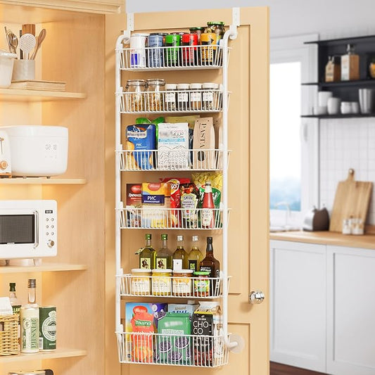 Delamu Large Over the Door Pantry Organizer, 6-Tier Metal Pantry Door Organization and Storage for Easy Install, Hanging Spice Rack Seasoning Shelves for Cabinet & Kitchen, D6.7xW17.5xH53.7 in, White by DELAMU