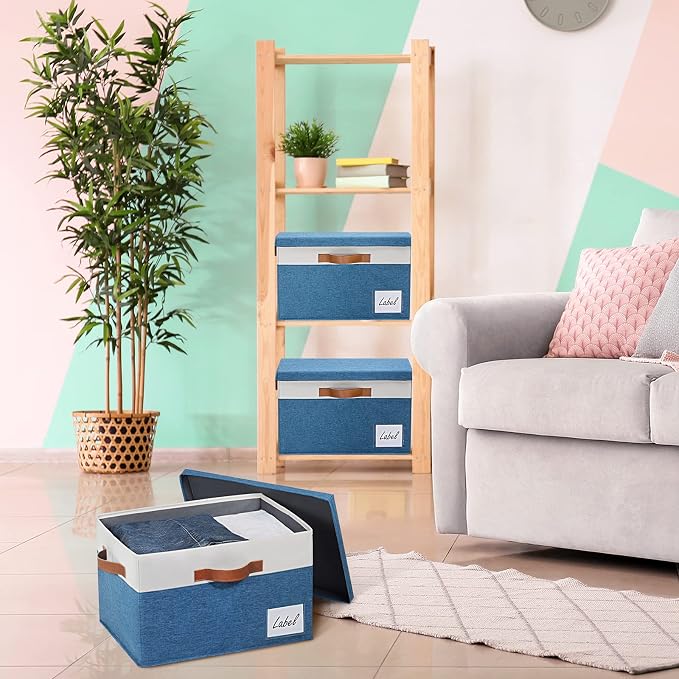 GhvyenntteS Fabric Storage Bins with Lids (3 Pack), Large Closet Storage Baskets with Lid and 3 PU Handles, Foldable Fabric Storage Boxes with Label Window for Home Office (Blue, 15" x 11" x 9.7") - Image 7