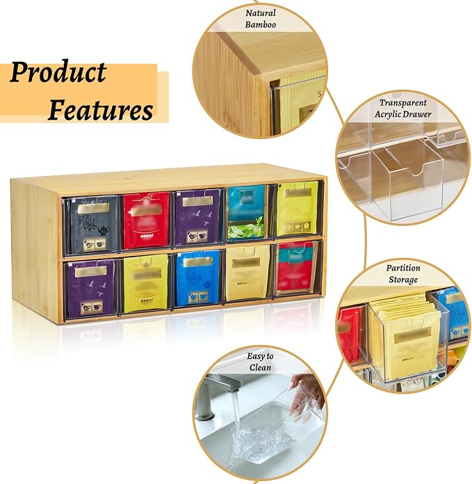 TIMIEEYA Tea Bag Organizer - Bamboo Tea Storage Organizer With Drawer 2 Layer, Tea Organizer for Tea Bags Natural Wood & Acrylic for Countertop Office Kitchen Cabinet Pantry - Image 2