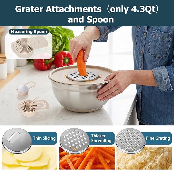 Stainless Steel Mixing Bowls with Airtight Lids,Non-Slip Nesting Bowls Set | 6.3,4.3,3.6,2.9QT,14Pcs Metal Bowl with Mixer Hole,Silicone Bottom,Grater Attachments and Kitchen Gadgets,for mixing,serving - Image 4