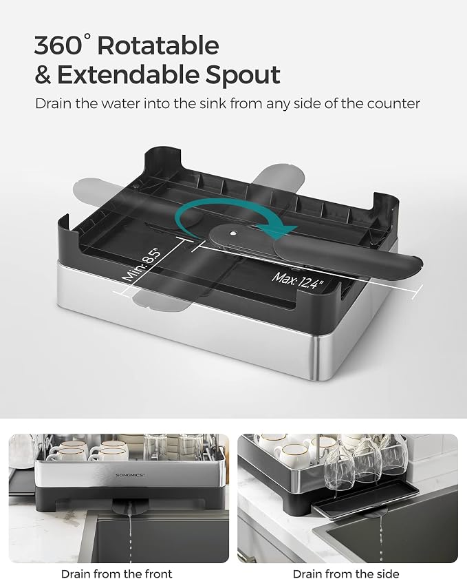 SONGMICS Dish Drying Rack - 2 Tier Dish Rack for Kitchen Counter with Rotatable and Extendable Drain Spout, Dish Drainer with Utensil, Cup, Glass, Cutting Board Holders, Black UKCS032B01 - Image 6