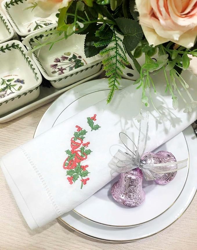 Embroidered Cloth Napkin Red Bells and Holly Christmas Cotton Napkins Set of 6, 20 x 20 Hemstitch Table Napkins Machine Washable, Daily & Holidays, Great Gift Ideas - Image 7