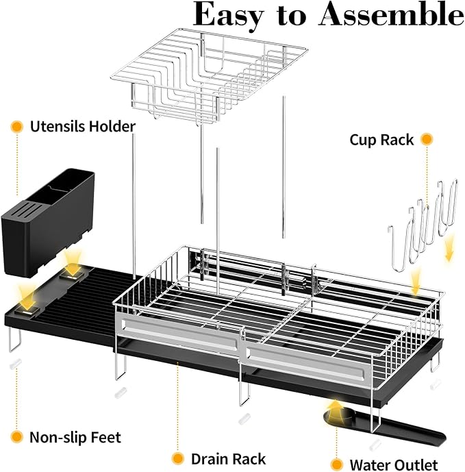 Delamu 2 Tier Dish Drying Rack, Large Dish Racks for Kitchen Counter, Stainless Steel Multifunctional Dish Drainer with Cutlery & Cup Holders, Extendable from 13.4 to 28.7 in, Black - Image 3