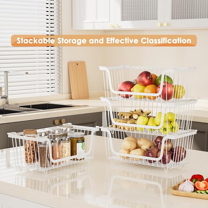 4 Pcs Stackable Wire Baskets for Pantry Organizers and Storage, White | Metal Baskets with Handles,Produce Potato Onion Storage Bin,Vegetable Fruit Basket for Countertop, Kitchen Storage - Image 2