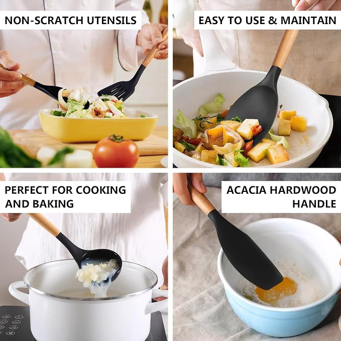 Silicone Cooking Utensils Set of 5, Heat Resistant Silicone Kitchen Utensils Set with Wooden Handle, BPA Free Spatula Spoon Turner Ladle Cooking Kitchen Gadgets for Nonstick Cookware & Baking - Image 4