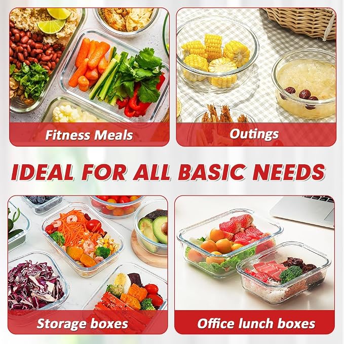 VERONES 12 Packs Glass Food Storage Containers Set with Lids, Red | Airtight Glass Lunch Containers, Glass Meal Prep Containers with Lids, for Microwave, Oven, Freezer & Dishwasher Friendly - Image 6